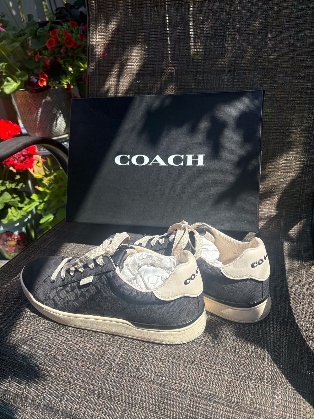 Coach women’s Black Signature Canvas Low-Top Sneakers with Cream Accents